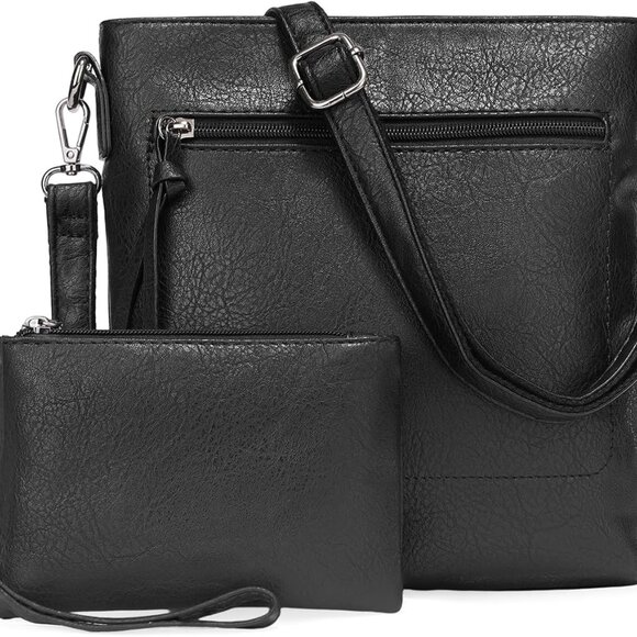 Black Women's Crossbody Bag Set - Lightweight PU Leather, Spacious, Zipper Closu - Picture 1 of 7